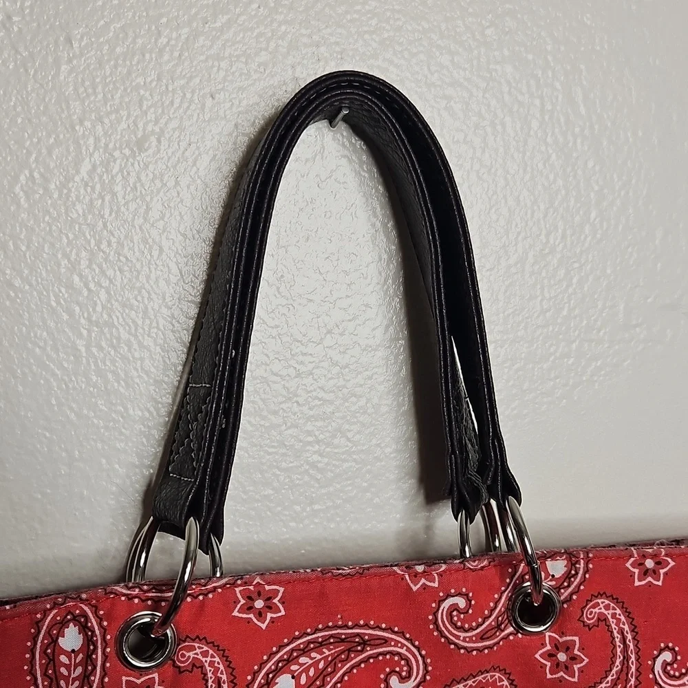 Neiman Marcus Red Paisley Lined Farmhouse Tote Bag